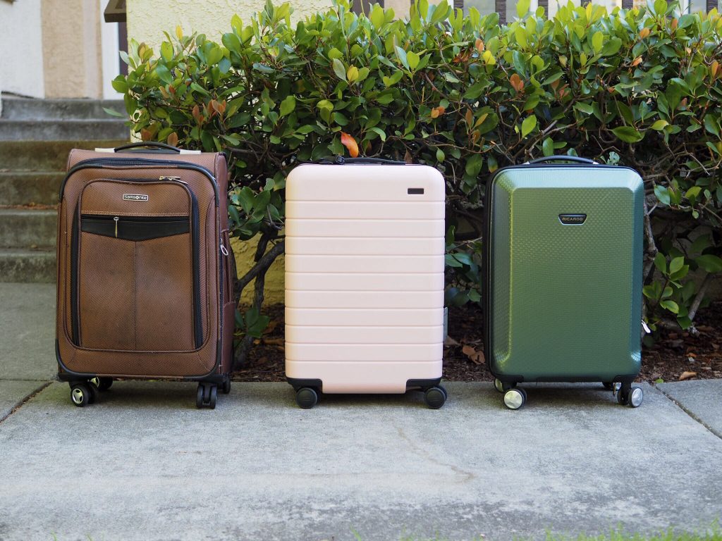 Samsonite, Away Bigger Carry-On, and Ricardo luggage sizes compared from the side