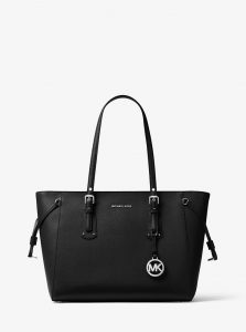 a black handbag with a silver logo