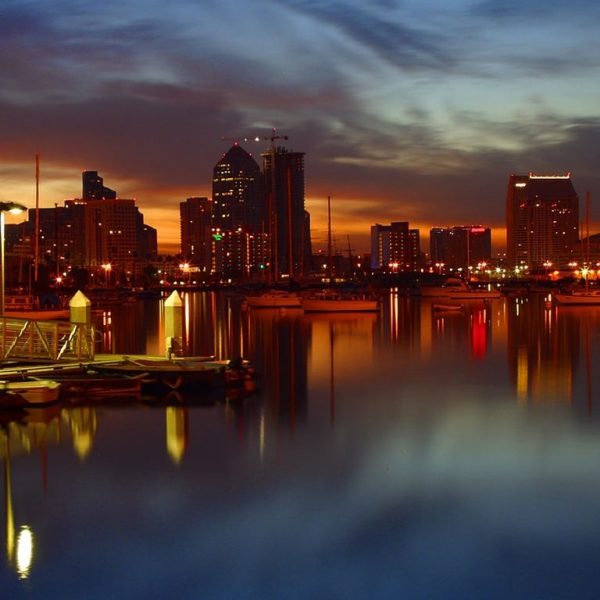 a city skyline at night