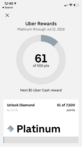 Uber Rewards Loyalty Program App Screenshot of Platinum Status