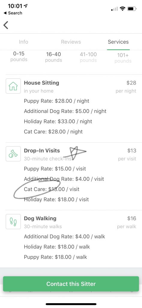 Screenshot of Rover app for cat sitting