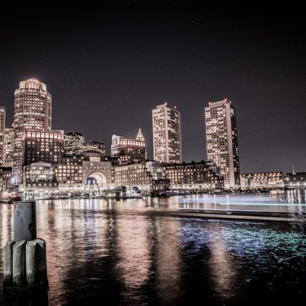 a city skyline at night