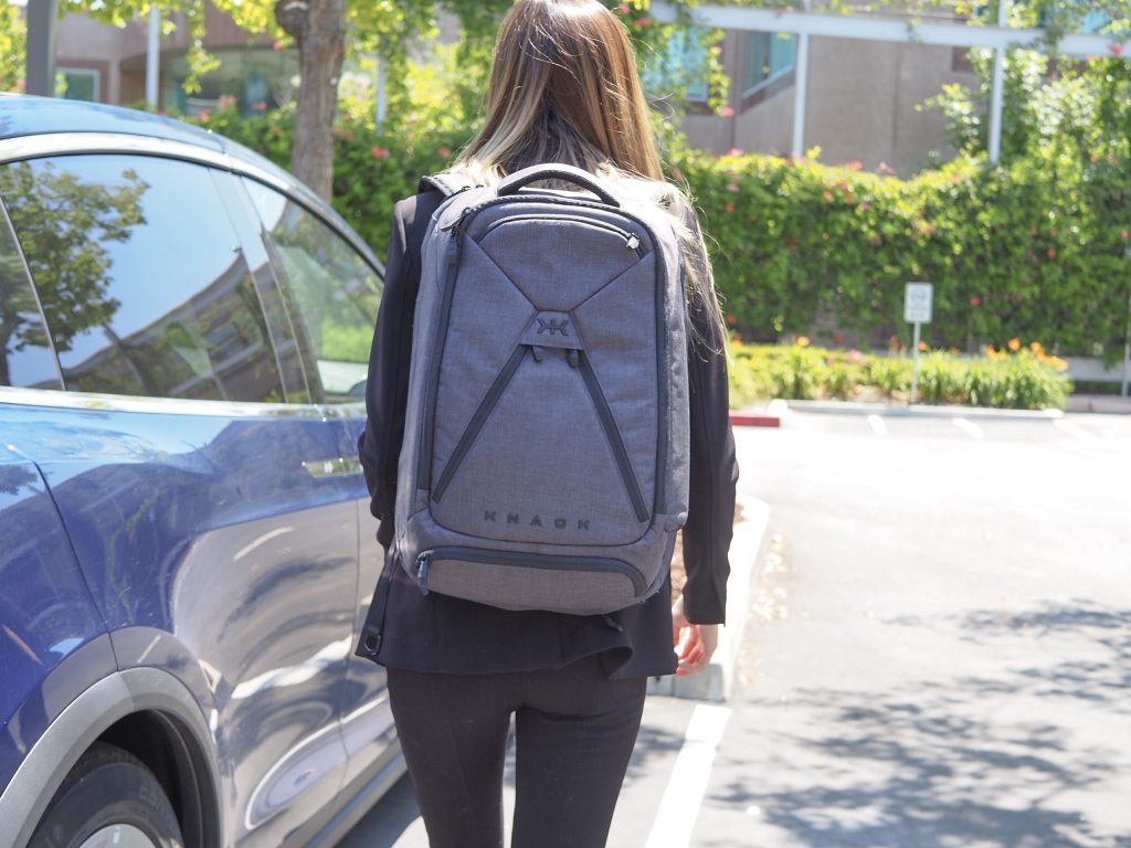 Wearing my Knack Pack, a professional backpack, while walking to the car