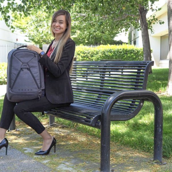 Sitting on bench with my Knack Pack, a professional backpack for business travel