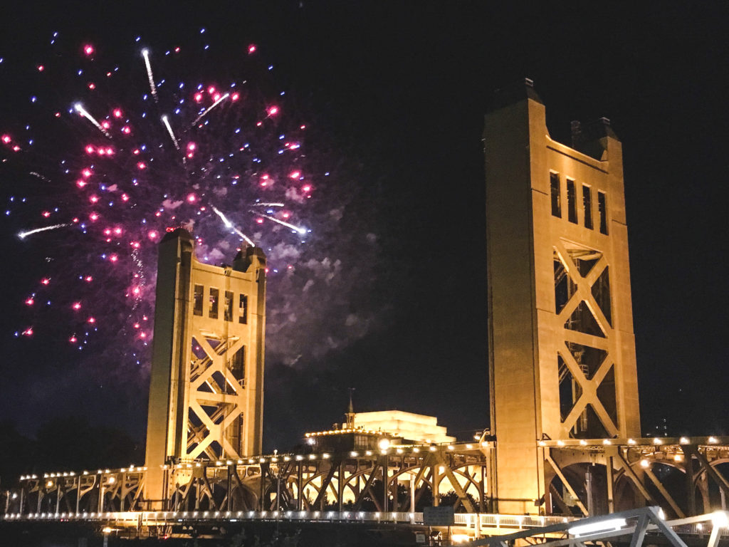 Fireworks over the Tower Bridge in Sacramento at Night