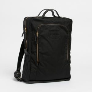 a black backpack with a strap