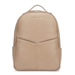 a tan backpack with a white background