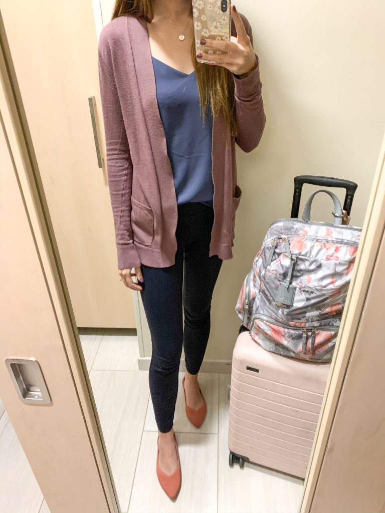 Smart Casual Travel Outfit for Work Trips with Blue Cami, Purple Cardigan, Navy Ponte Pants and Pink Flats