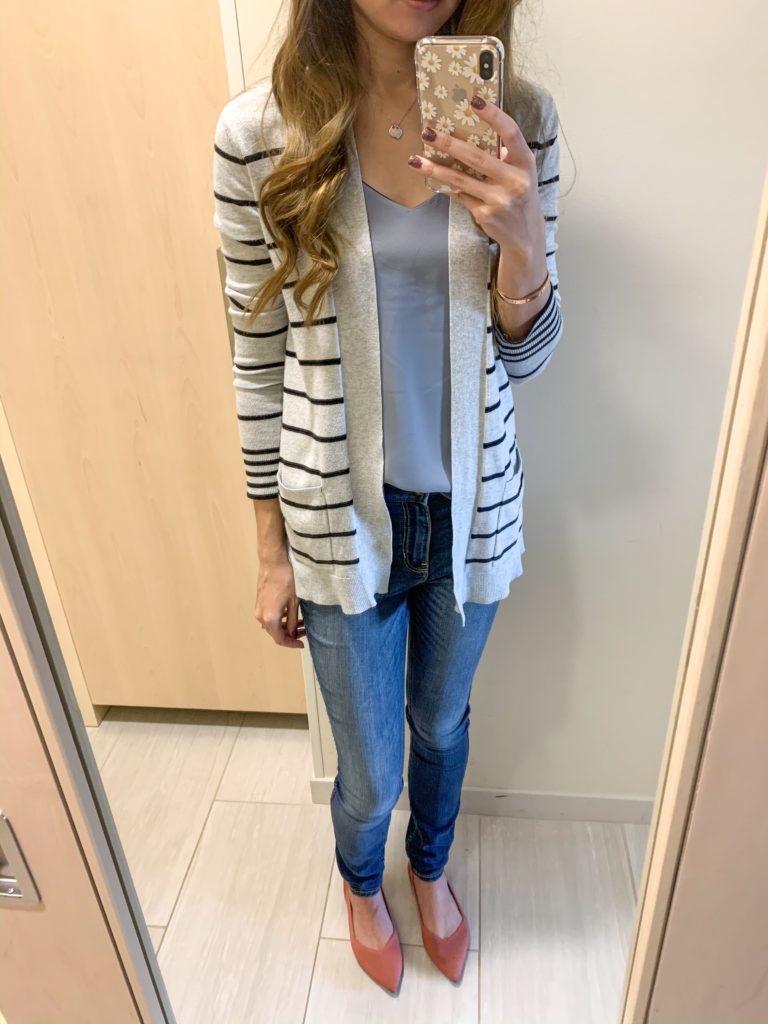 Smart Casual Work Trip Outfit with Striped Cardigan, Blue Cami, Jeans and Pink Flats