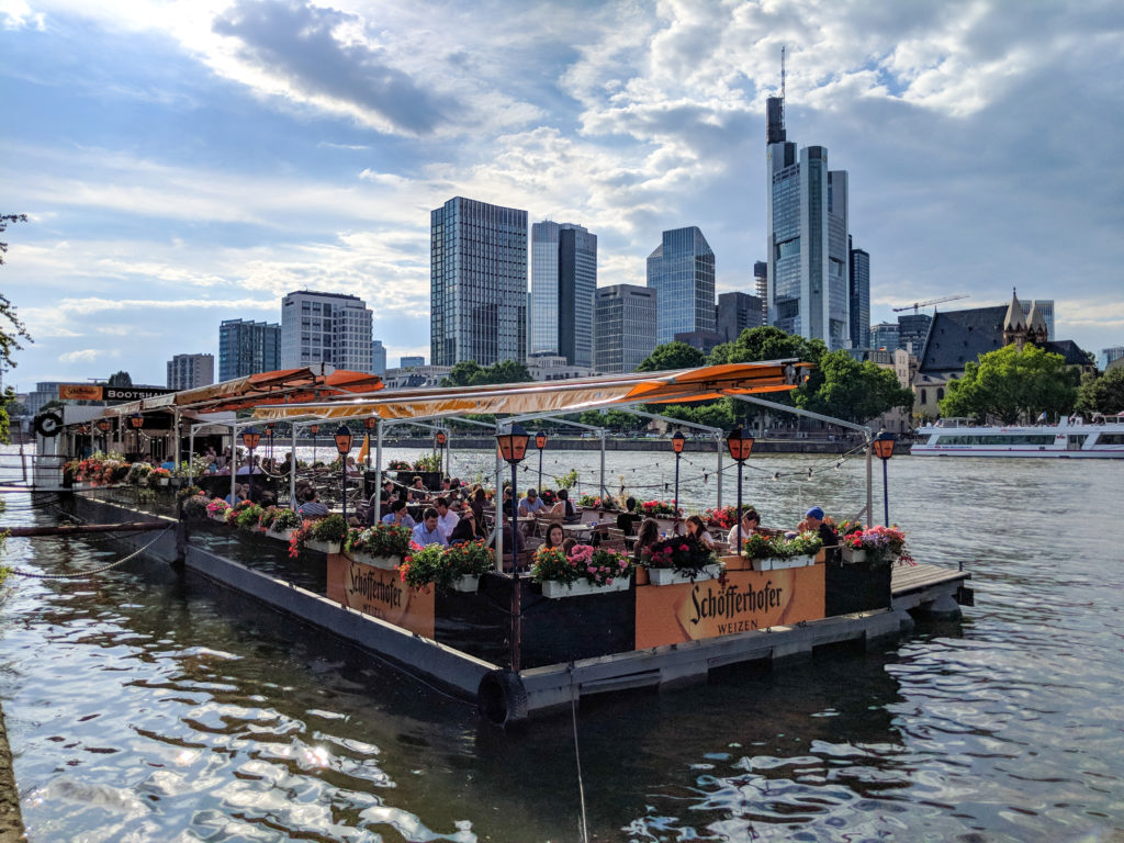 Take a stroll along the waterfront in Frankfurt at night