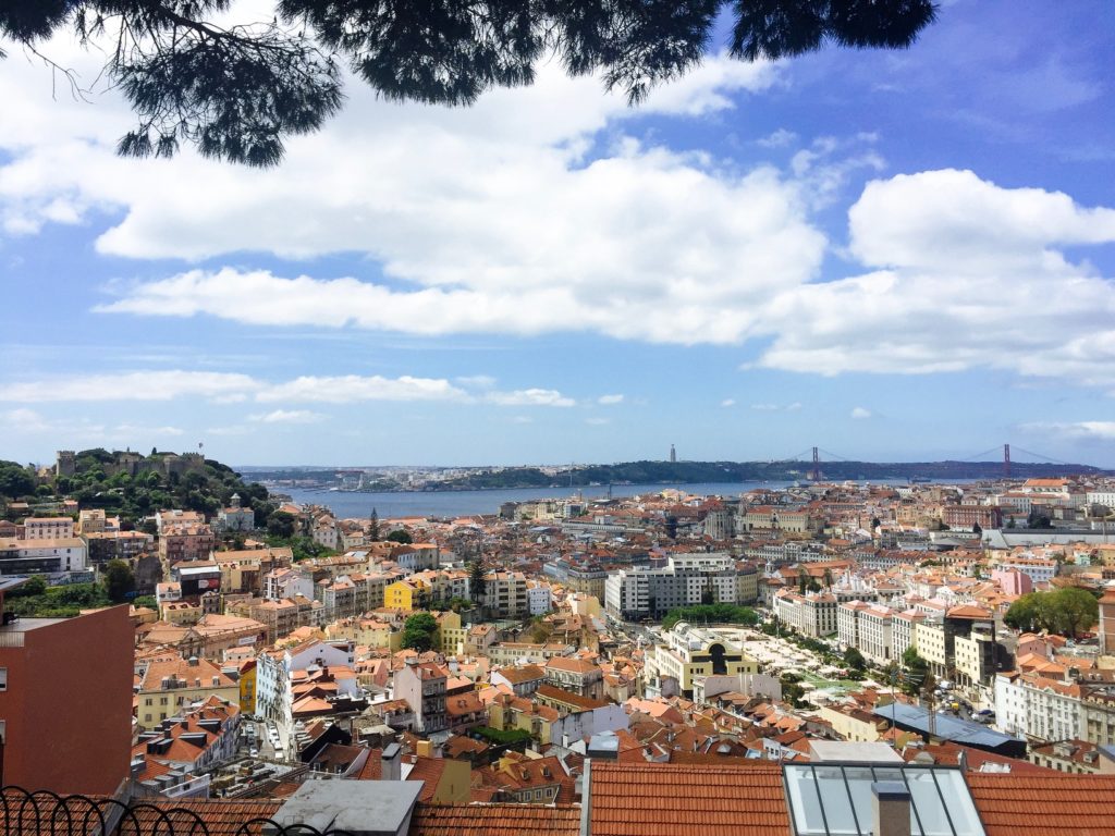 a city with red roofs and a body of water