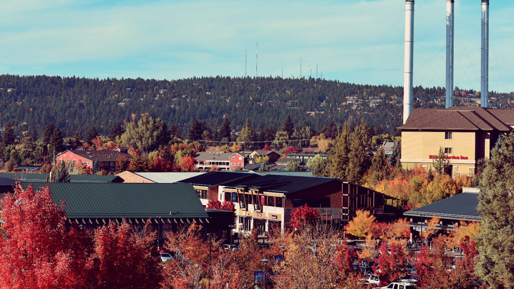 a group of buildings with trees in the background