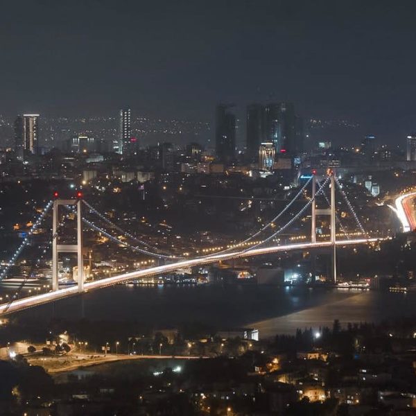 a bridge with lights at night