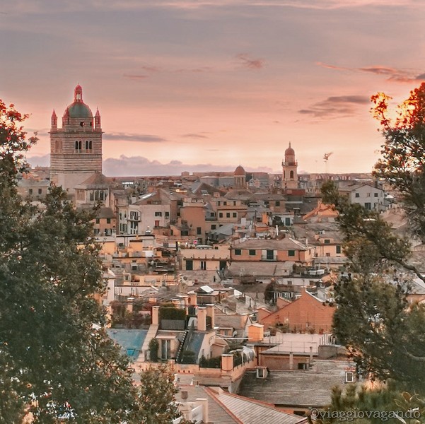 a city with a tower and trees