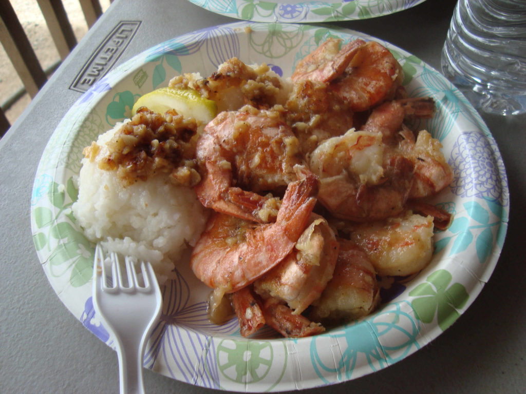 Plate of shrimp and rice for dinner at Giovanni's Shrimp Truck i n Oahu's North Shore