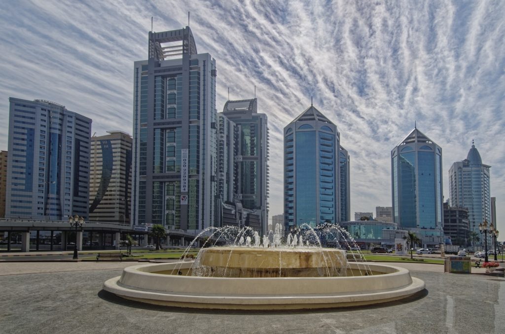 a fountain in a city