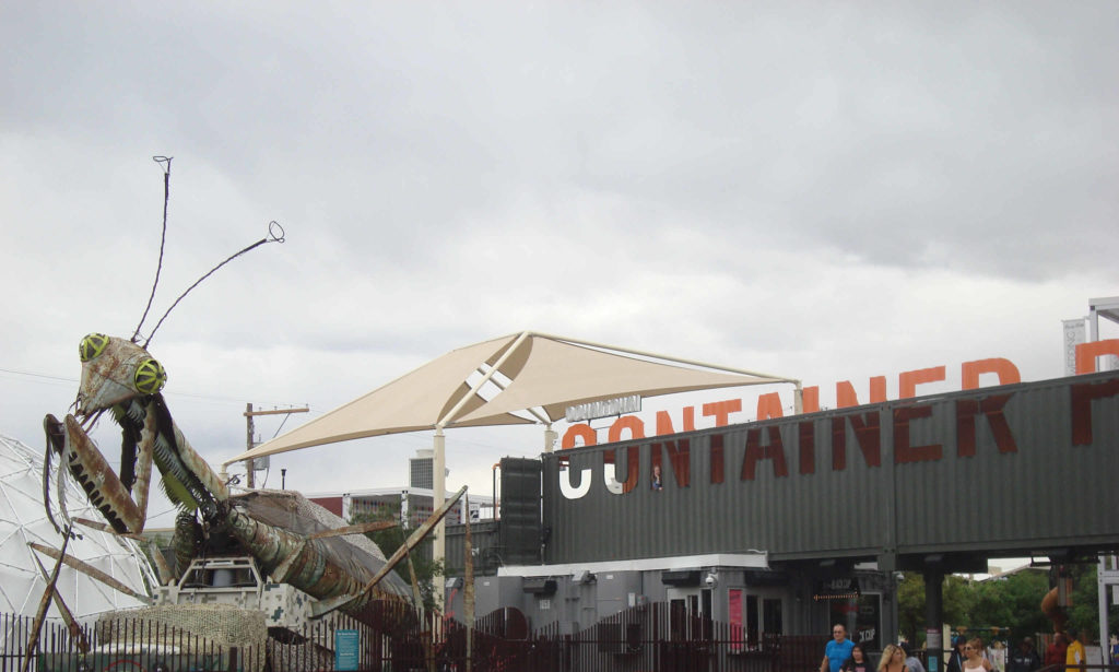 a building with a large awning