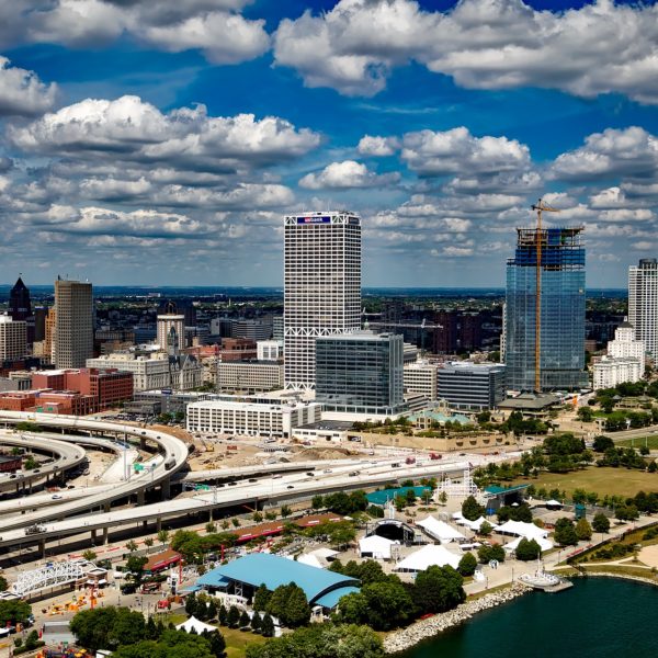 a city with a river and buildings