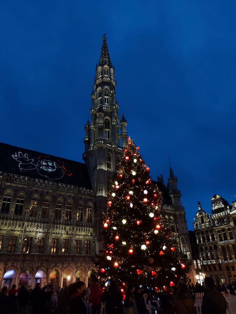 a large building with a christmas tree with New Town Hall in the background
