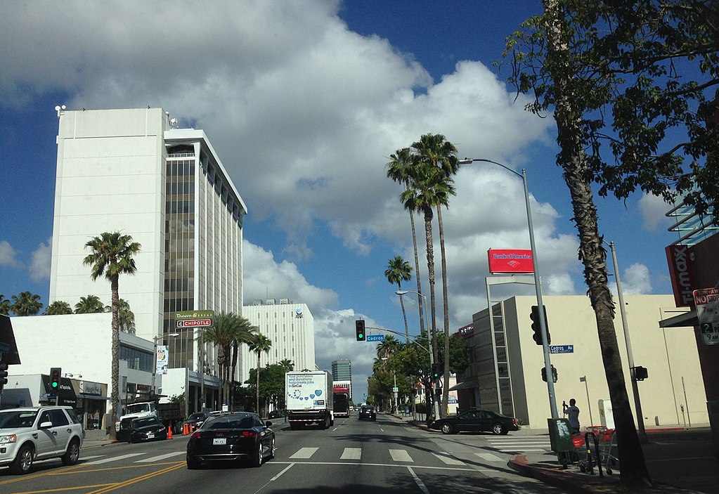 a street with cars and palm trees