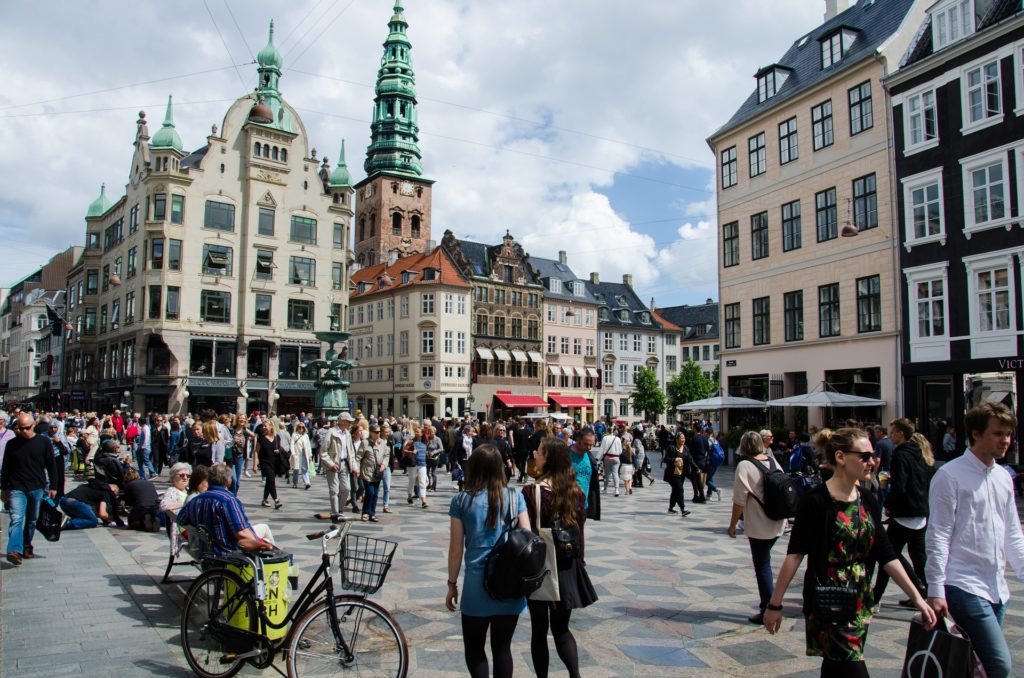 a group of people in a city