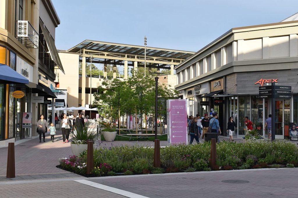 a group of people walking in a shopping mall