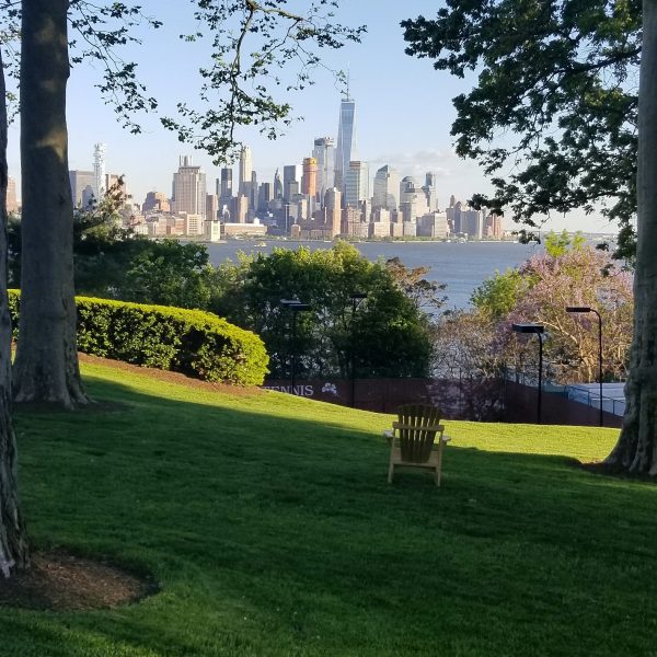 a lawn with a chair in front of a city skyline