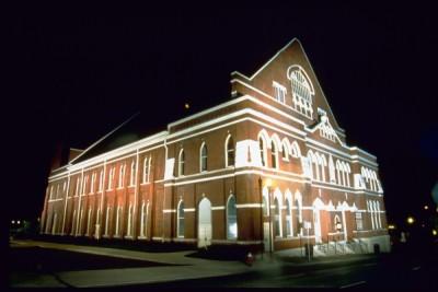 Ryman Auditorium with white lights at night